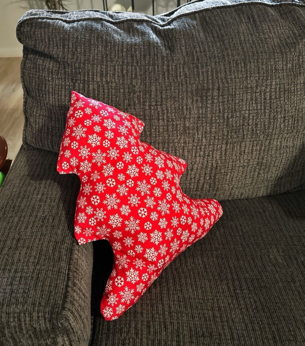 Handmade Christmas Tree Accent Decor Pillow Red White Snowflakes 16"